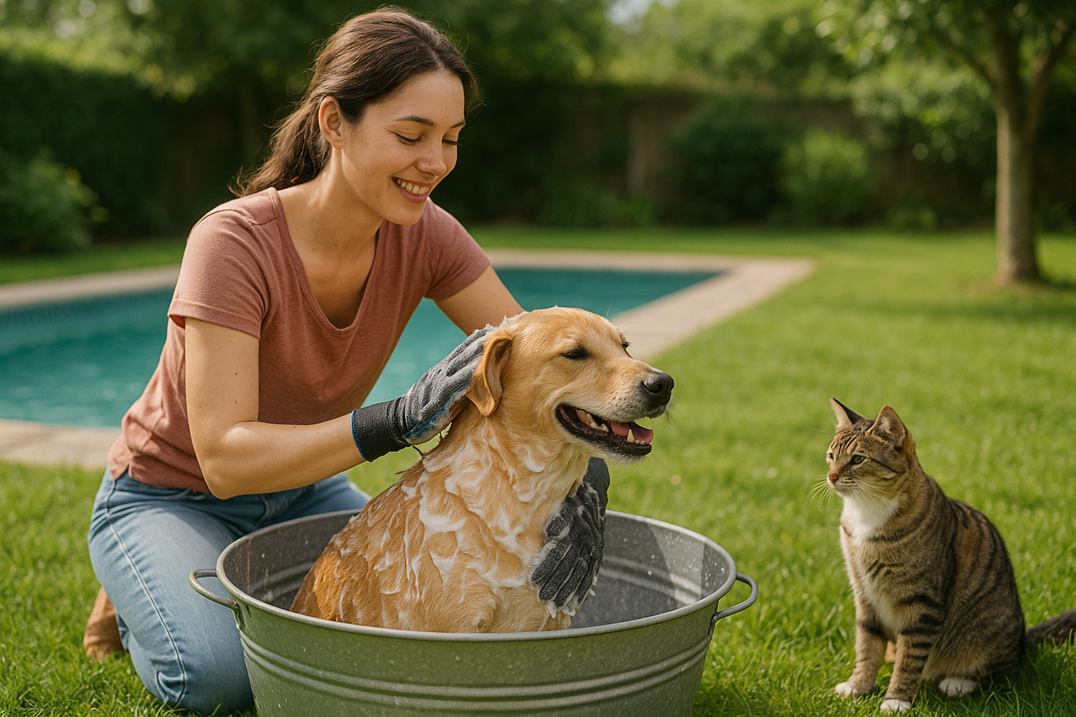A dog is being bathed by a young women in a wide bathing bucket and brushing it with soap using a pet walking gloves. A cat sitting next to it waiting for his turn in the outdoor next to a pool on grass 