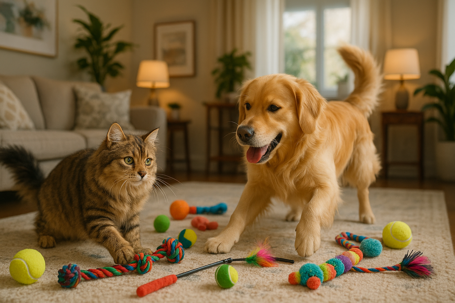 Am ultra realistic image of a cat and a dog playing with pet toys inside a beautiful home work attractive decors and some toys spread around
